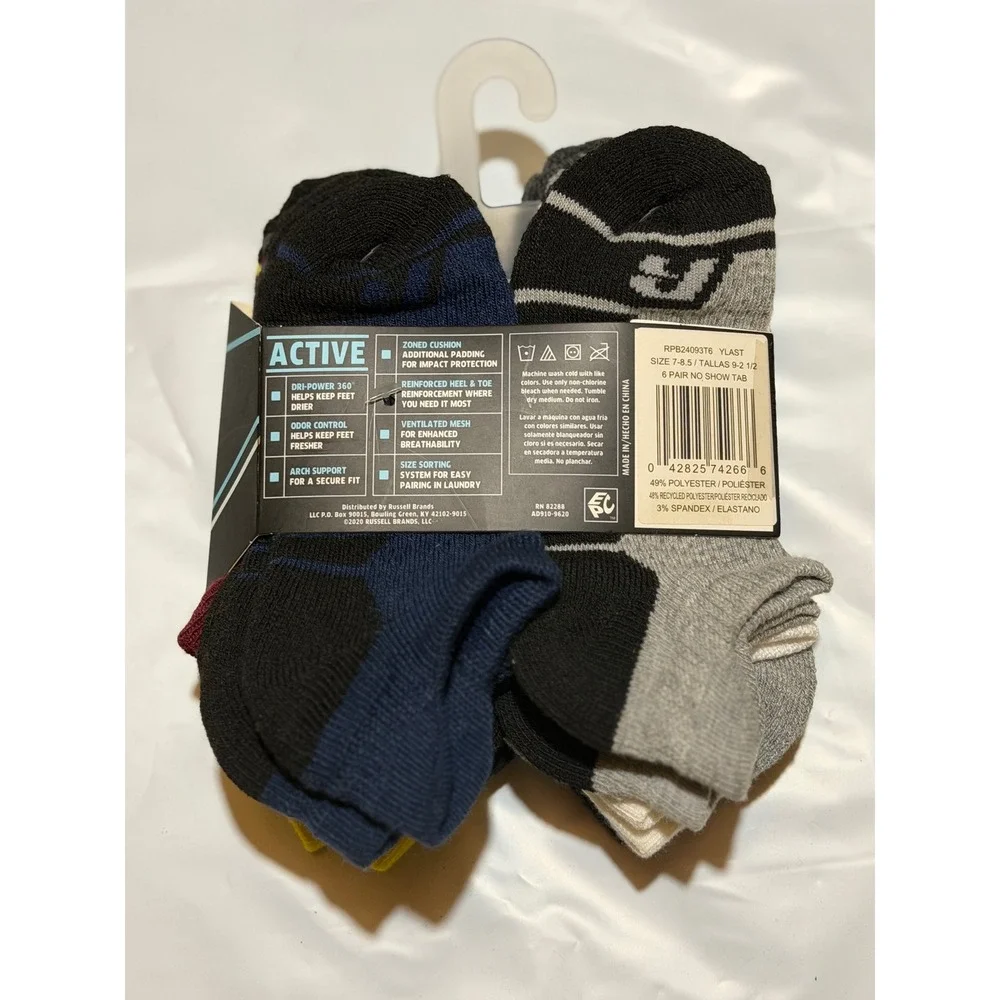 Russell Performance Socks Multicolor No Show Active Arch Support 6 Pair M Boys